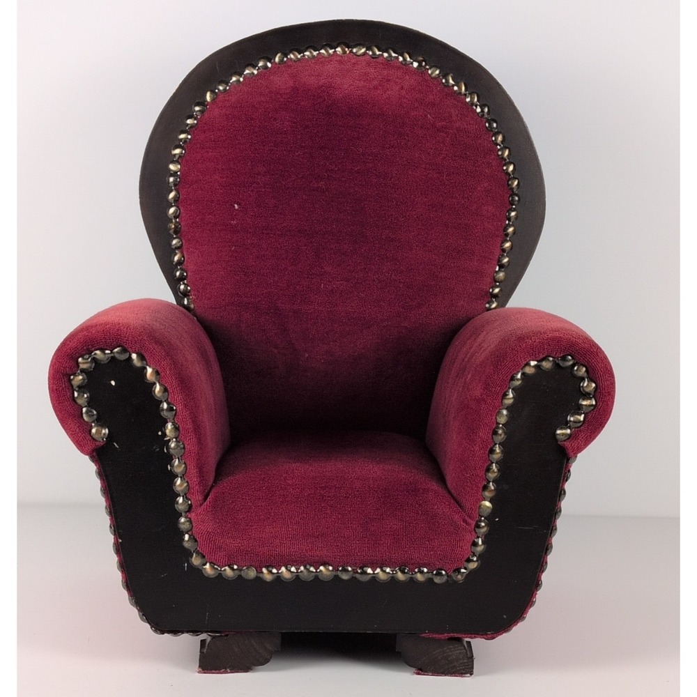 18" American Doll Dollhouse Armchair Burgundy Upholstery Black Trim Nailhead